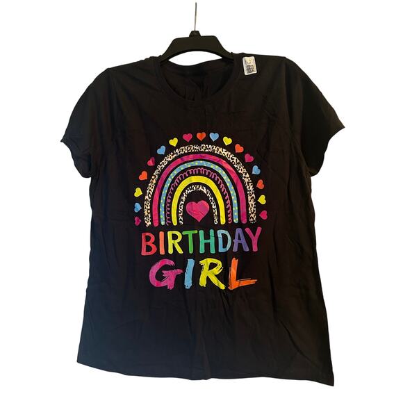 NWOT Women's Cut Short Sleeve Black Tee Shirt Birthday Girl Rainbow Hearts Sz Lg - Picture 1 of 5